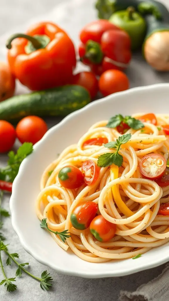 A plate of Cellentani pasta with cherry tomatoes and fresh herbs, surrounded by colorful vegetables.