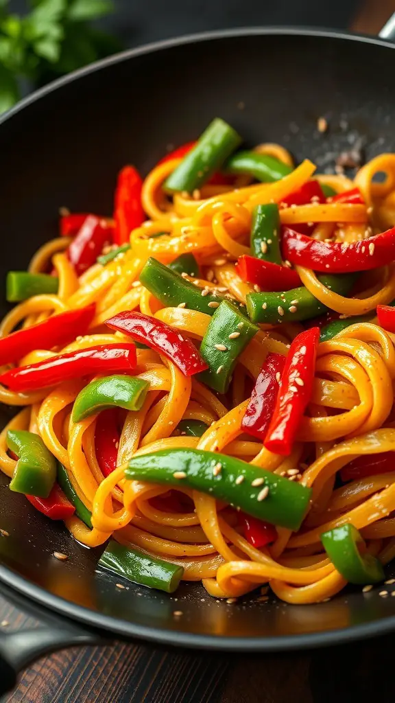 A colorful stir-fried pasta dish with bell peppers and sesame seeds.