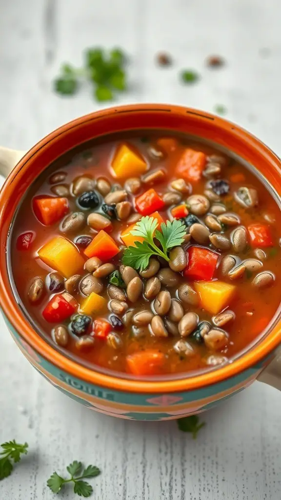 A bowl of colorful lentil and vegetable soup with fresh herbs on top.