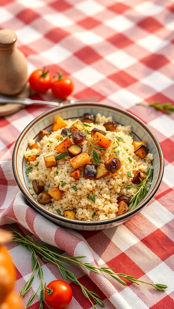 A bowl of couscous with roasted vegetables on a checkered tablecloth