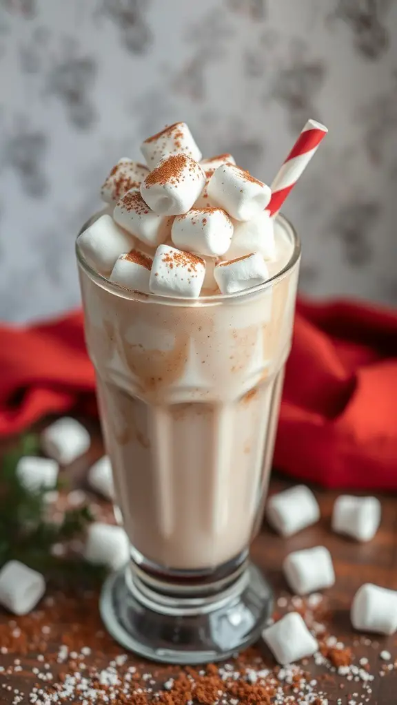 A delicious Marshmallow Snowball Shake topped with mini marshmallows and a red straw.