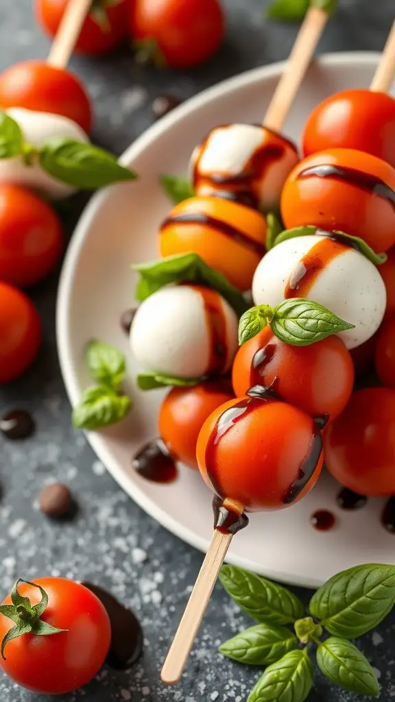 Caprese skewers with cherry tomatoes, mozzarella balls, and basil drizzled with balsamic glaze