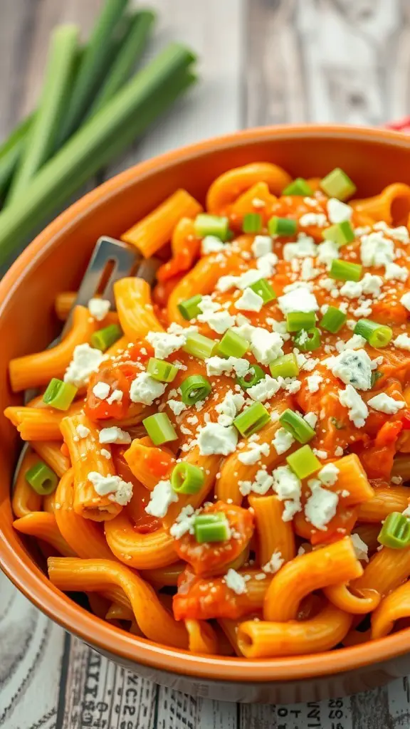 A bowl of Buffalo Chicken Pasta Bake topped with green onions and cheese.