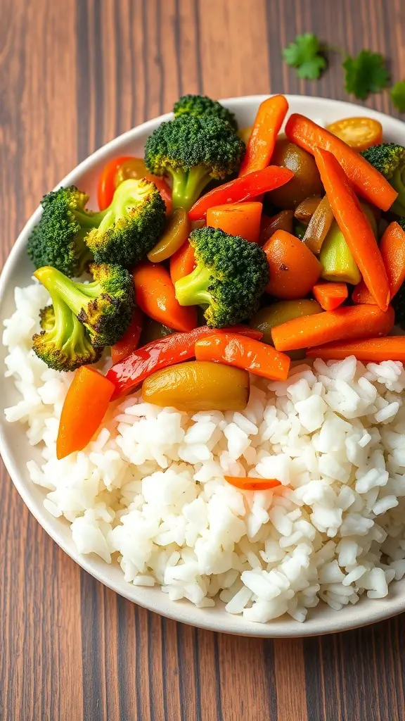 A plate of vegetable stir-fry with broccoli, carrots, and bell peppers served over white rice.
