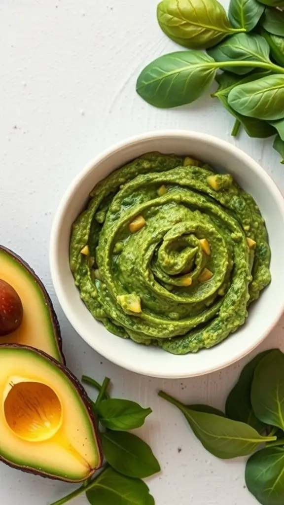 A bowl of spinach and avocado mash with fresh spinach leaves and avocado halves on the side.