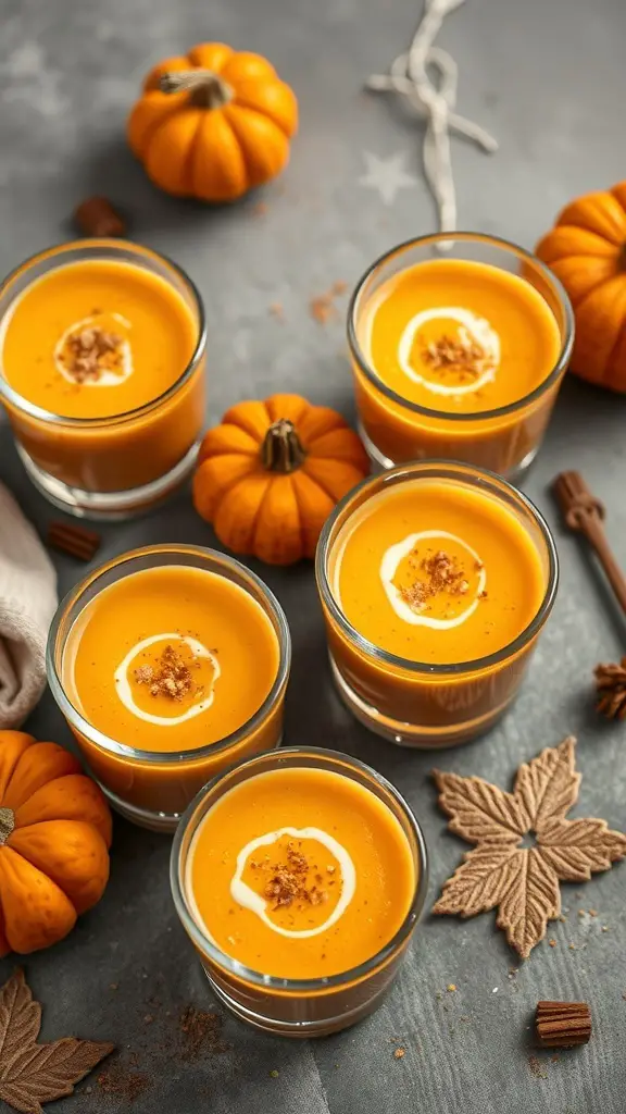 Savory pumpkin soup shots in glasses, topped with cream and spices, surrounded by small pumpkins and autumn leaves.