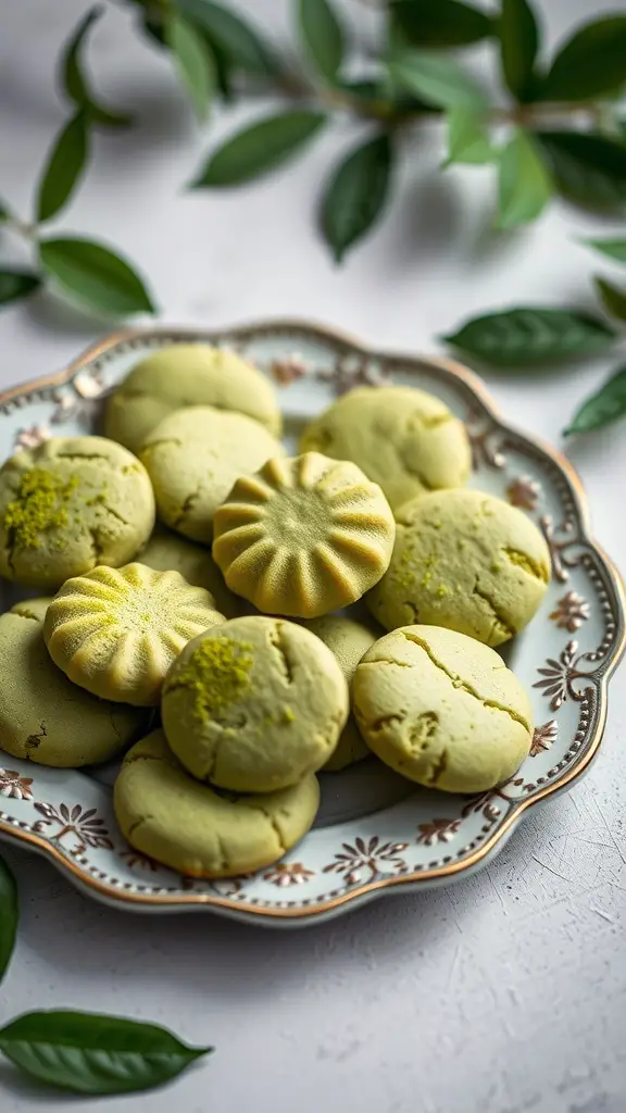 A plate of matcha green tea cookies with decorative shapes and a vibrant green color, surrounded by leaves.