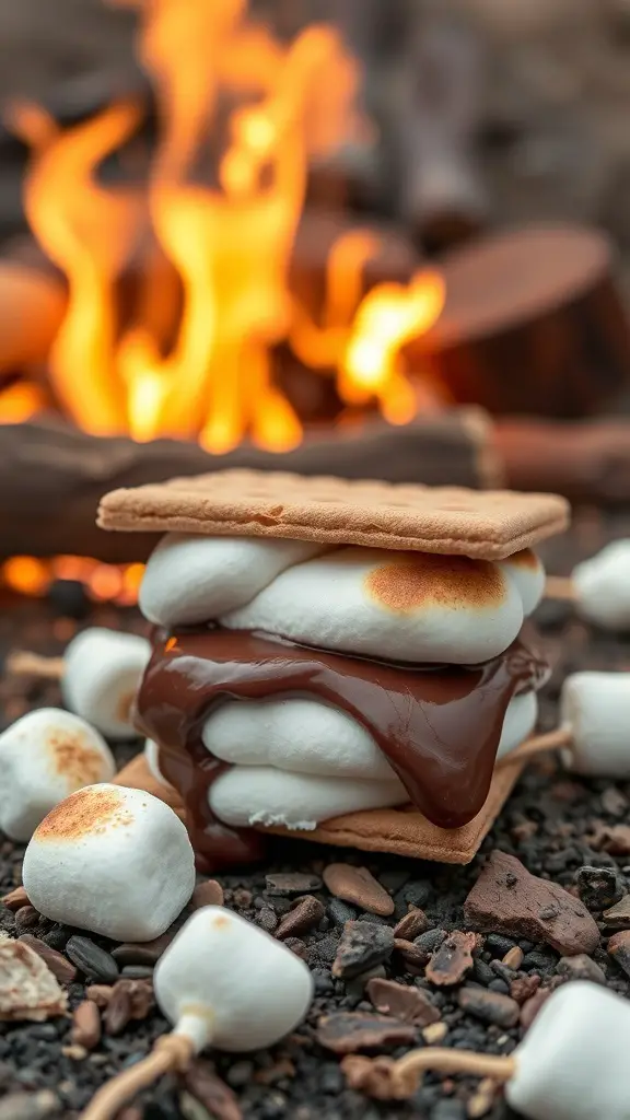 Delicious Club Cracker S'mores with marshmallows and chocolate, set against a warm campfire background.