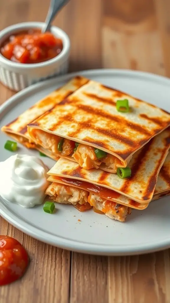 BBQ chicken quesadillas with salsa and sour cream on a wooden table.