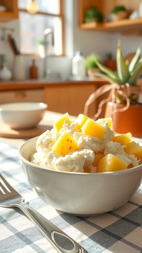 A bowl of cottage cheese topped with pineapple chunks, placed on a checkered tablecloth in a cozy kitchen setting.