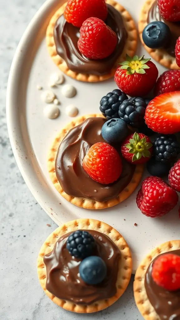 Triscuit crackers topped with chocolate hazelnut spread and fresh berries
