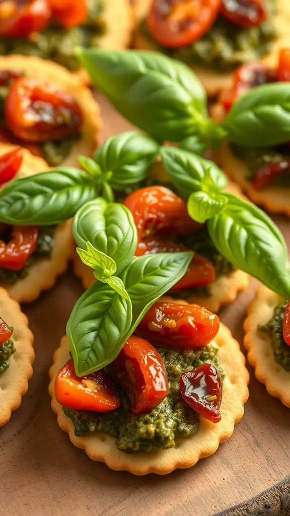 Pesto and Sun-Dried Tomato Ritz Bites topped with fresh basil