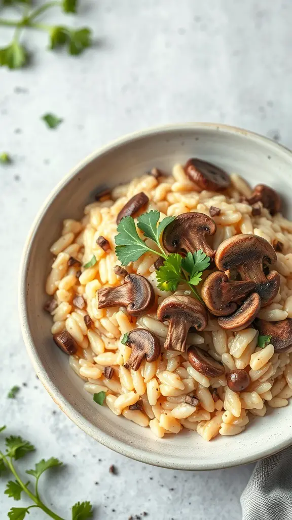 A bowl of creamy turkey and mushroom risotto topped with fresh herbs.