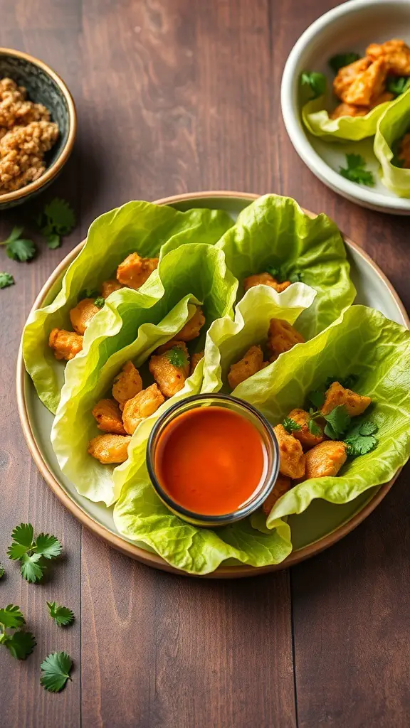 Spicy chicken lettuce wraps with dipping sauce on a wooden table