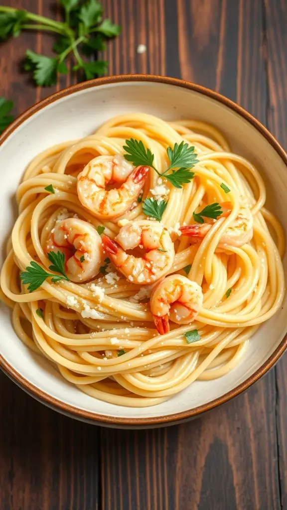 A bowl of creamy garlic shrimp fettuccine garnished with parsley.