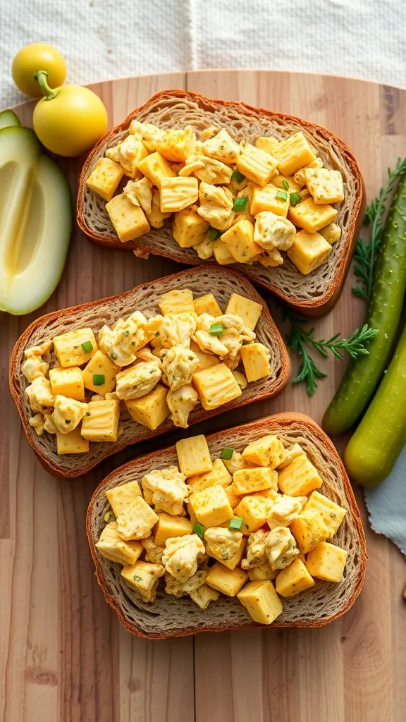 Curried chicken salad sandwiches on whole grain bread with pickles and yellow ingredients.