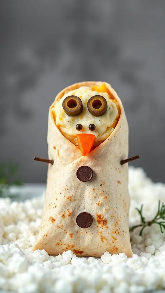 A snowman-shaped breakfast burrito with a tortilla body, scrambled eggs, and toppings like olives and a carrot.