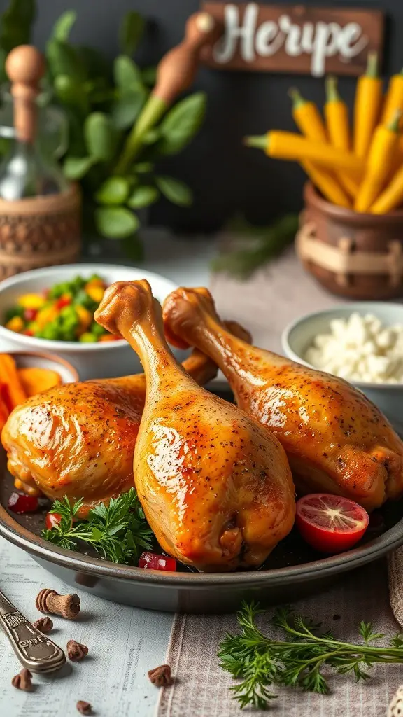 Cajun spiced turkey legs served with colorful vegetables