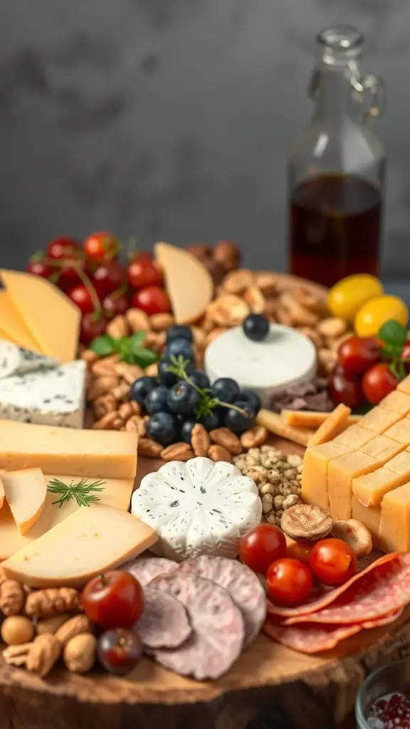 A beautifully arranged cheese and charcuterie board with various cheeses, cured meats, nuts, and fresh fruits.