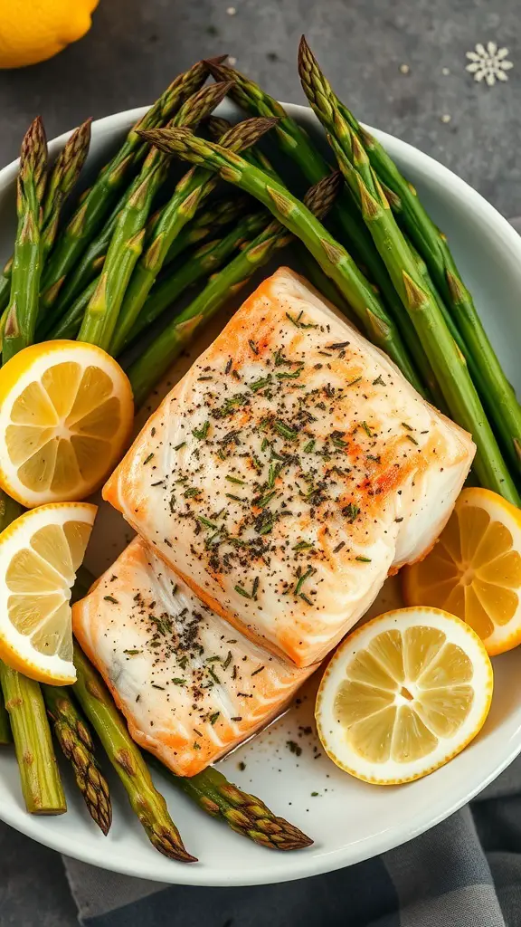 Baked salmon fillets with asparagus and lemon slices on a plate