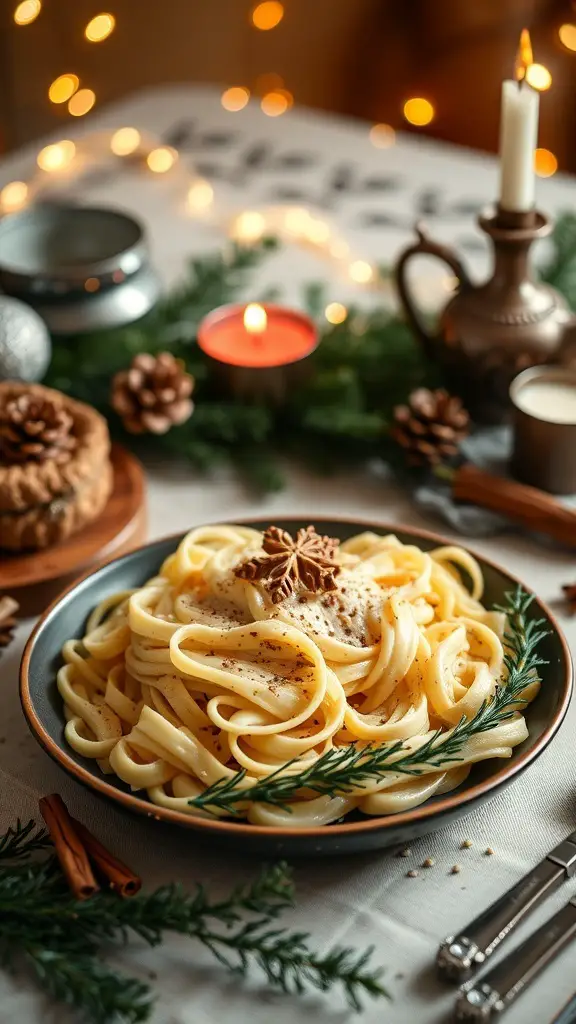 A bowl of Fettuccine Alfredo garnished with star anise and rosemary, surrounded by holiday decorations.
