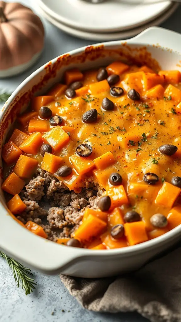 A delicious Turkey and Sweet Potato Shepherd's Pie in a baking dish, topped with cheese and colorful sweet potatoes.
