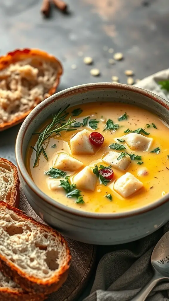 A bowl of fish chowder with fresh herbs and slices of bread on the side.