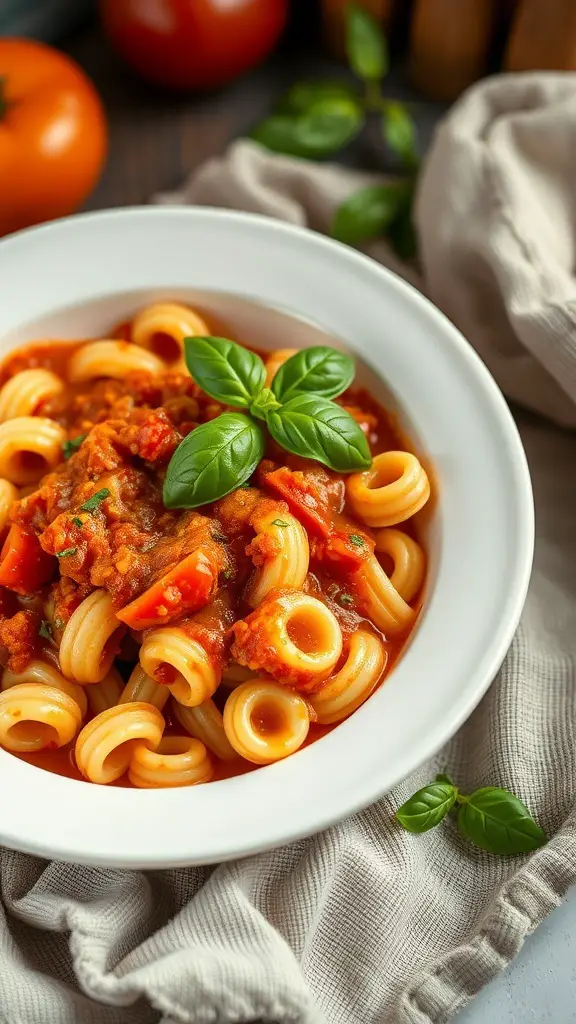 A bowl of cavatappi pasta in creamy tomato sauce garnished with fresh basil.
