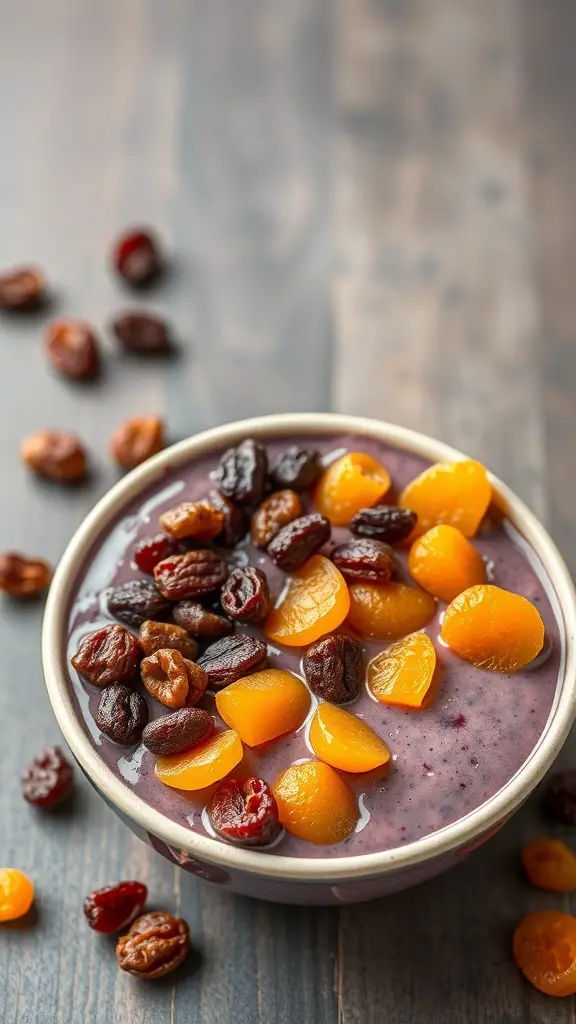 A bowl of acai topped with sweet dried fruits like raisins and apricots.