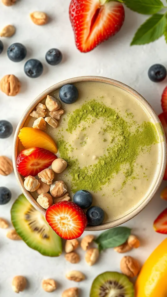 A smoothie bowl topped with matcha green tea dust, strawberries, blueberries, and nuts.