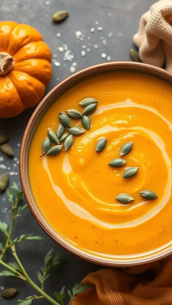A bowl of creamy butternut squash soup garnished with pumpkin seeds, with a small pumpkin beside it.