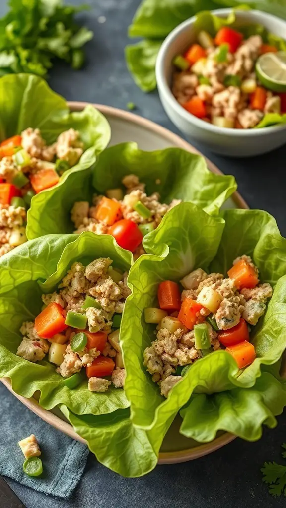 Turkey and vegetable lettuce wraps on a plate with a bowl of mixed vegetables