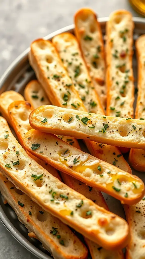 A plate of golden garlic breadsticks topped with herbs