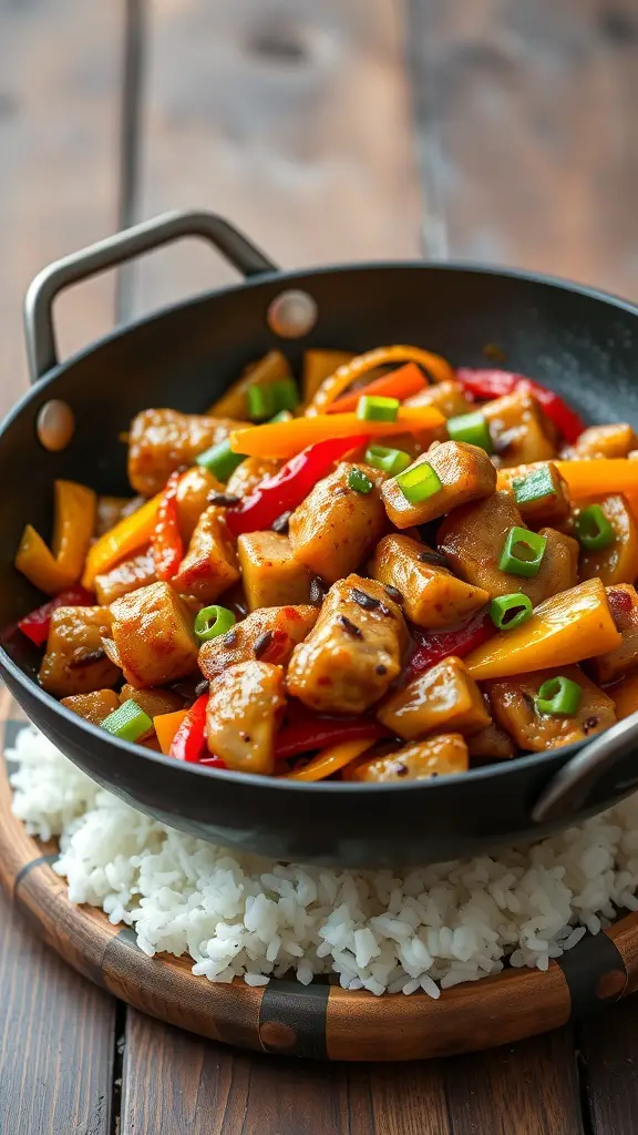 A pan of teriyaki chicken stir-fry with colorful vegetables and rice