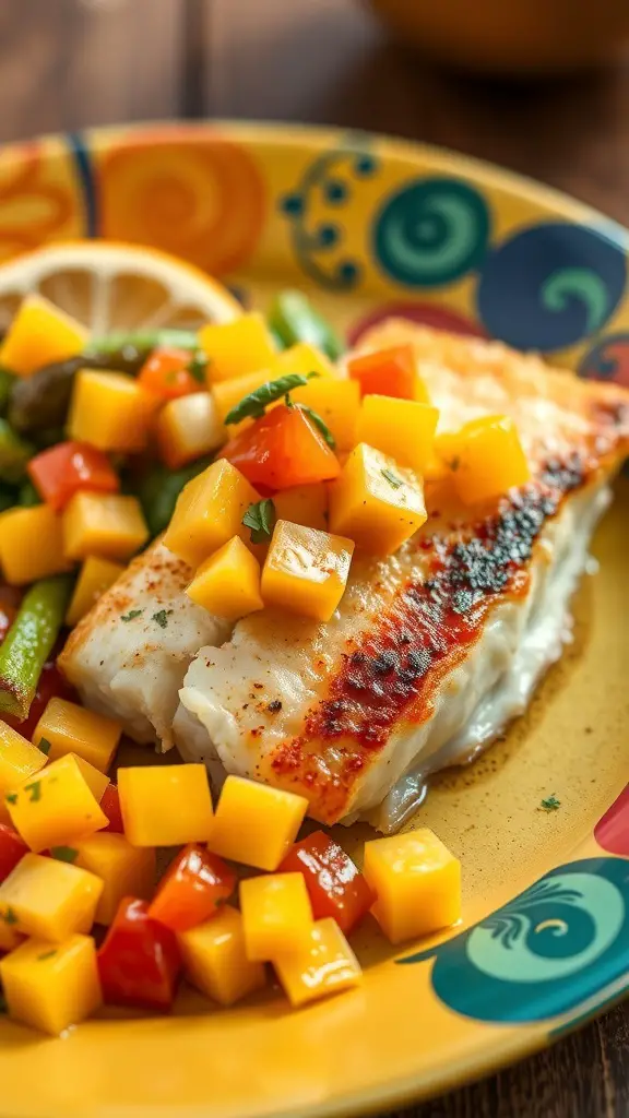 A plate of spicy tilapia topped with mango salsa, served with colorful diced vegetables.