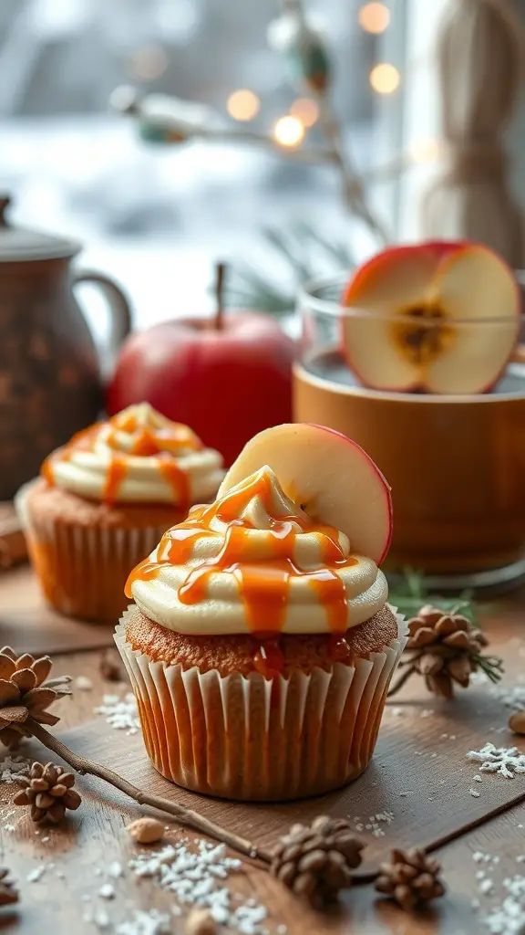 Spiced apple cider cupcakes with caramel drizzle and apple slice on top, set against a cozy winter background.