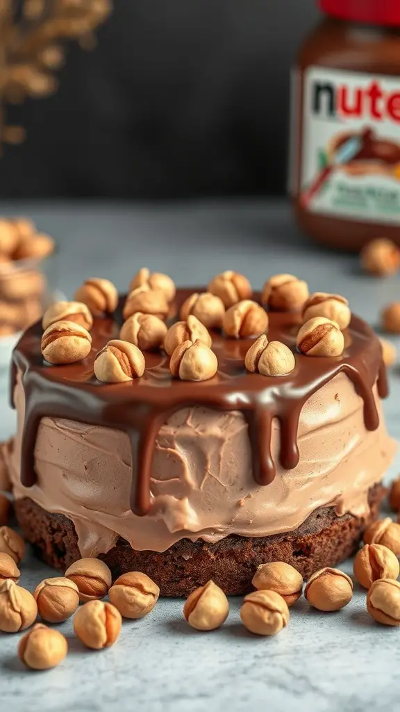 Chocolate hazelnut cake with Nutella drizzle and hazelnuts on top