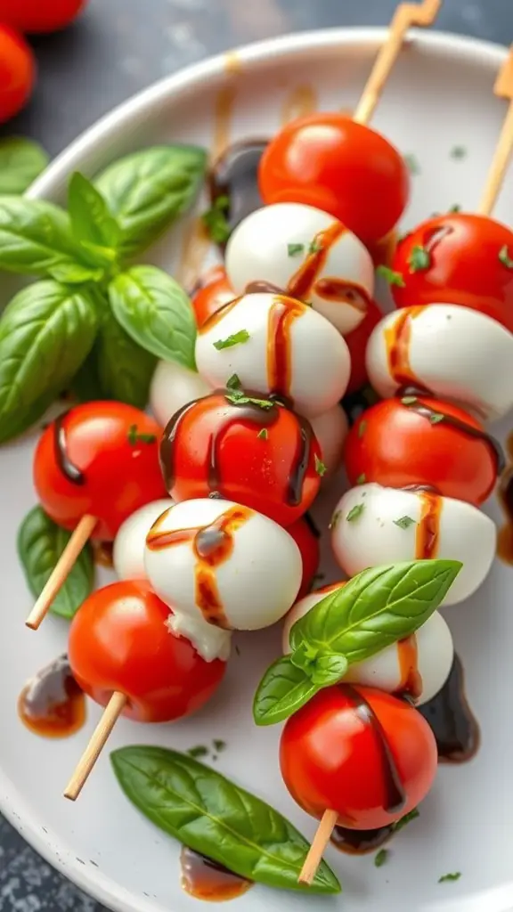 Caprese skewers with cherry tomatoes, mozzarella, and basil drizzled with balsamic reduction