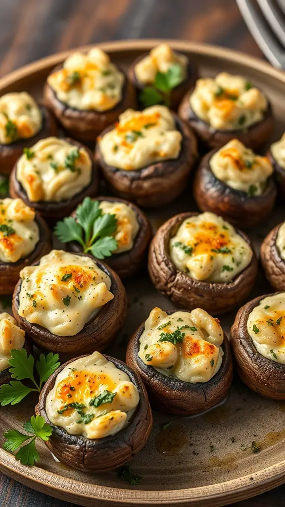 A platter of savory stuffed mushrooms filled with creamy cheese and herbs, garnished with parsley.