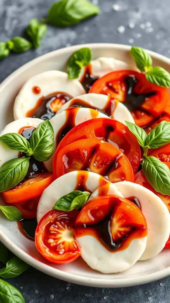 A plate of Caprese salad with mozzarella, tomatoes, and basil drizzled with balsamic glaze.