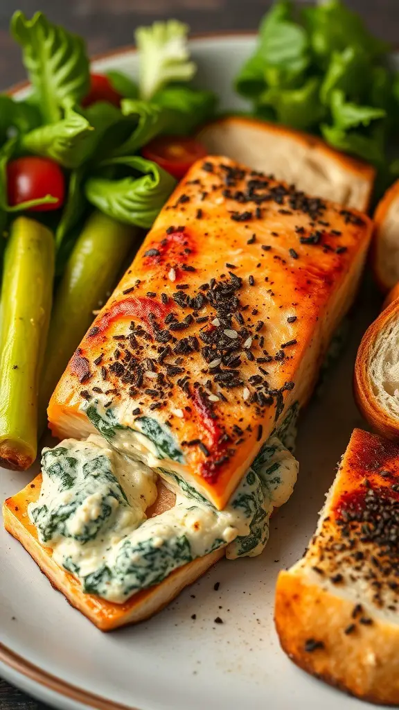 A plate of spinach artichoke dip stuffed salmon with fresh greens and sliced bread.