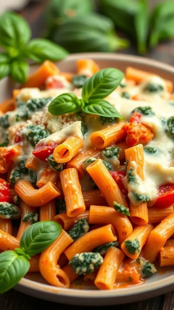 A plate of creamy spinach and ricotta baked ziti topped with fresh basil.