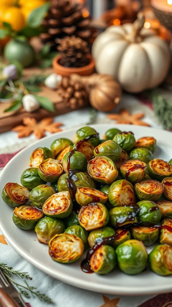 Plate of roasted Brussels sprouts drizzled with balsamic glaze, surrounded by autumn decorations.