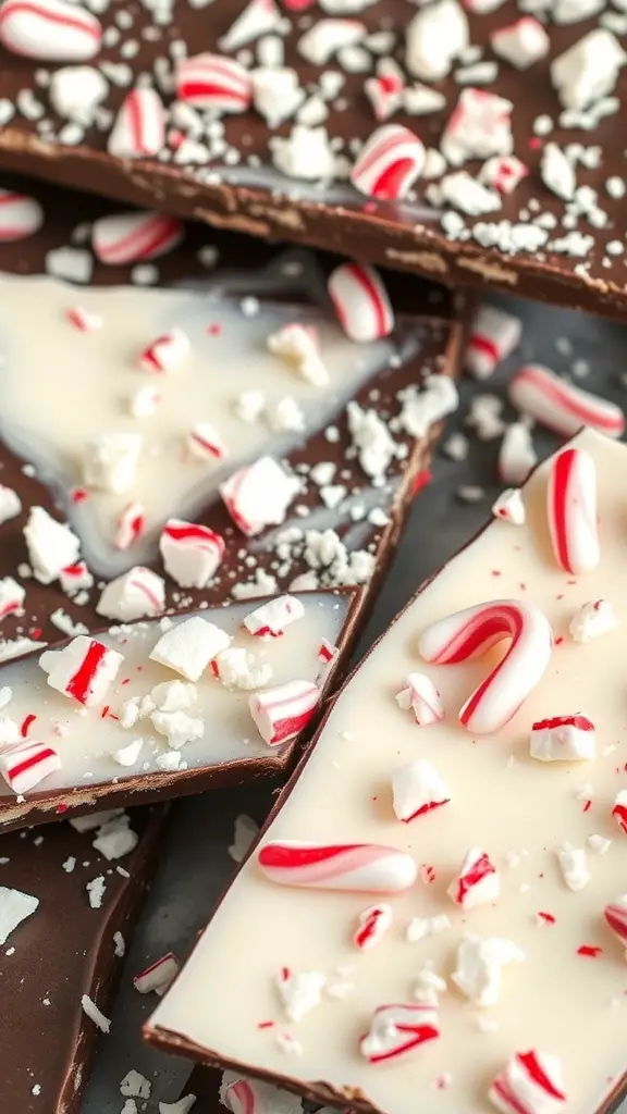 Peppermint bark with dark and white chocolate topped with crushed peppermint candies.