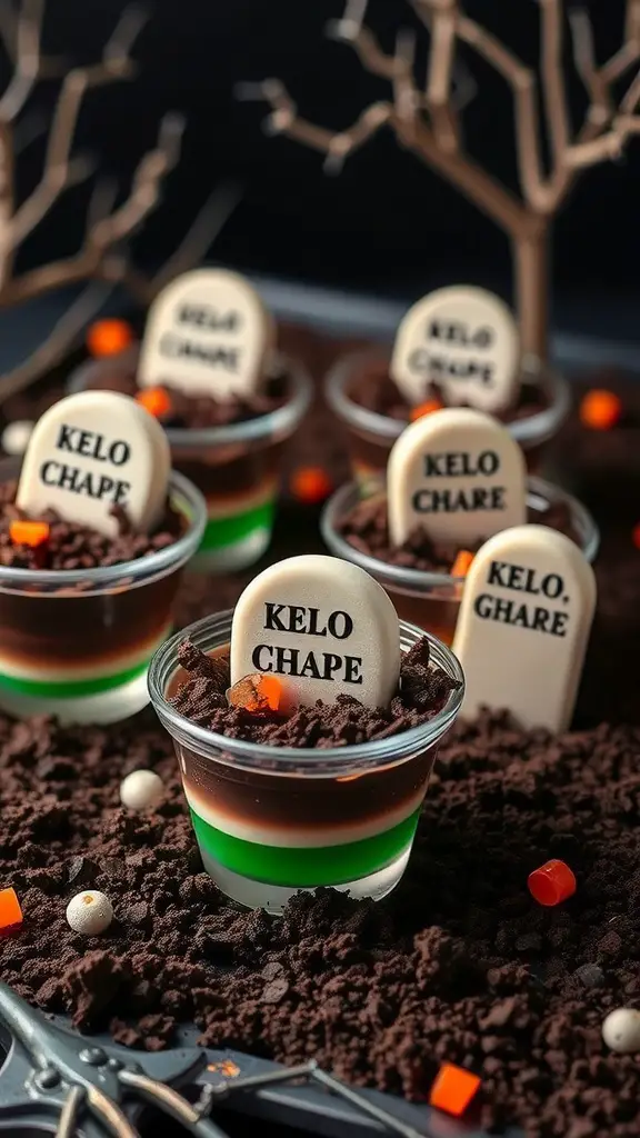 Colorful jello shots resembling a graveyard with candy tombstones and cookie crumbs.