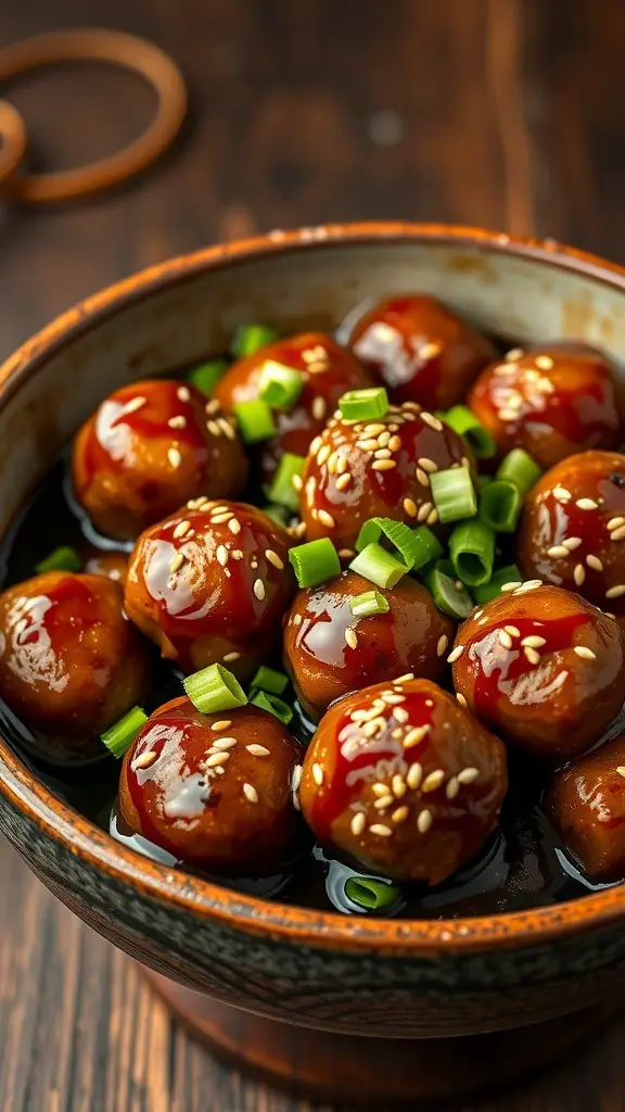 A bowl of spicy Asian meatballs in soy glaze, garnished with green onions and sesame seeds.