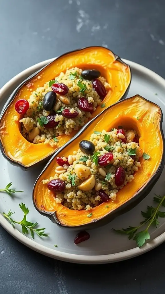 Stuffed acorn squash with quinoa, beans, and herbs on a plate