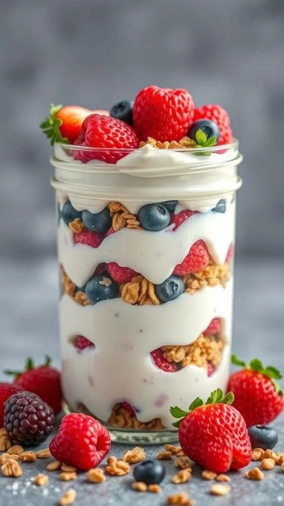 A layered Greek yogurt parfait with berries and granola in a jar.