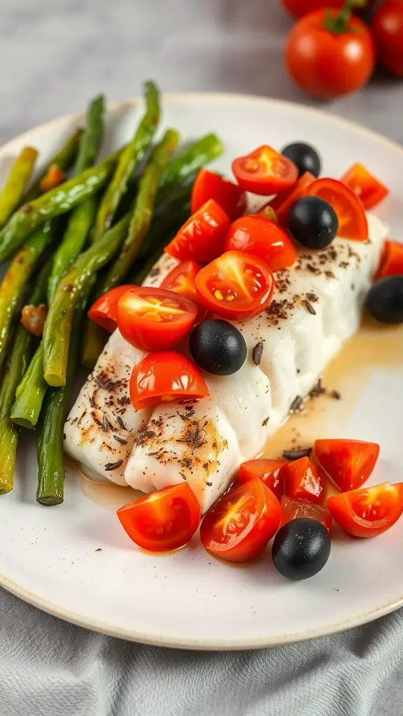 Baked cod with tomatoes and olives served with green beans