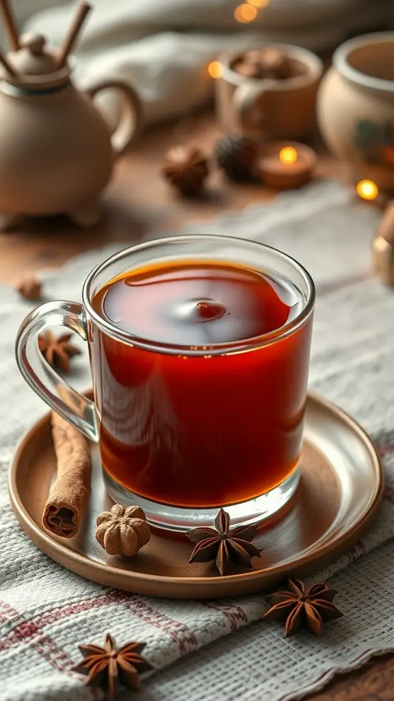 A glass of warm spiced tea with cinnamon and star anise on a cozy table setting